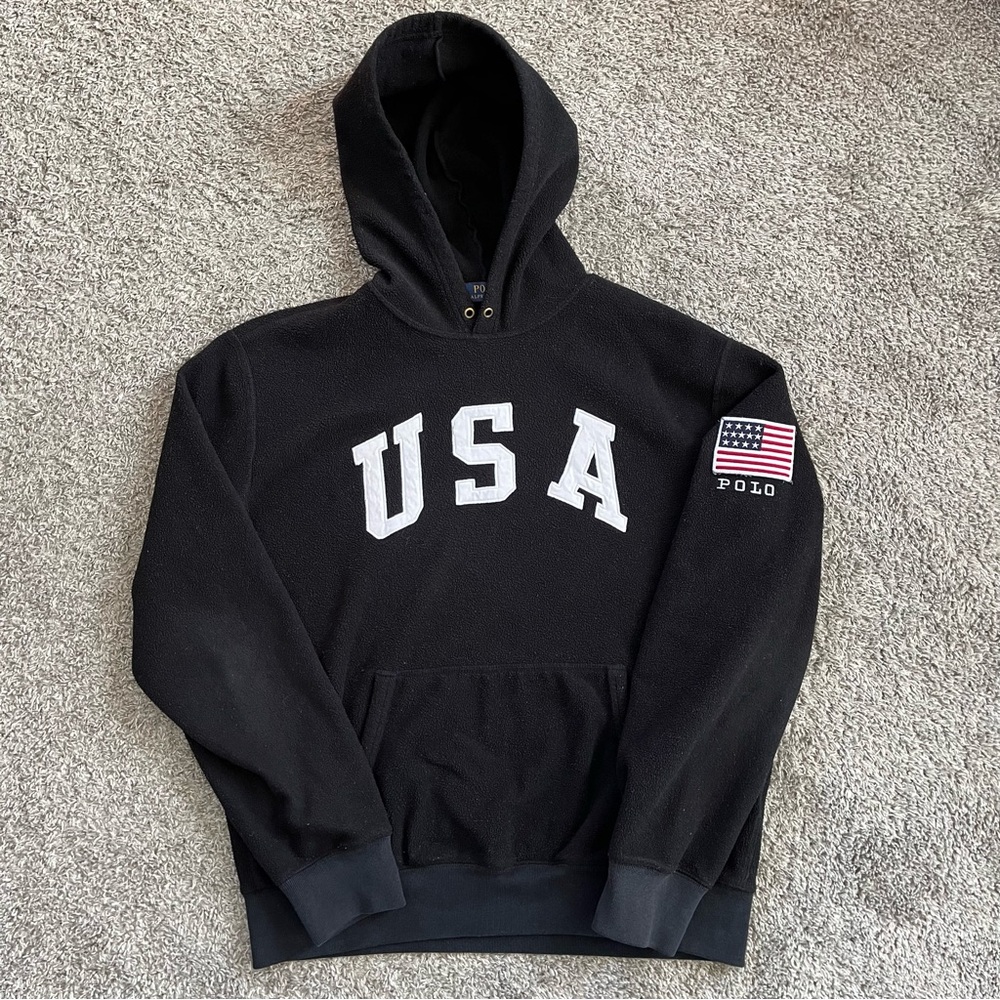 🔴Polo Ralph Lauren Sweater Size Large Black Fleece Hoodie USA